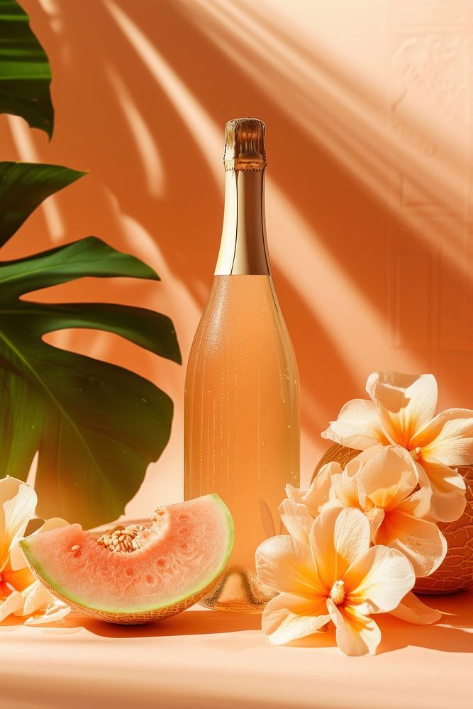 Champagne bottle with melon and flower drink fruit plant.