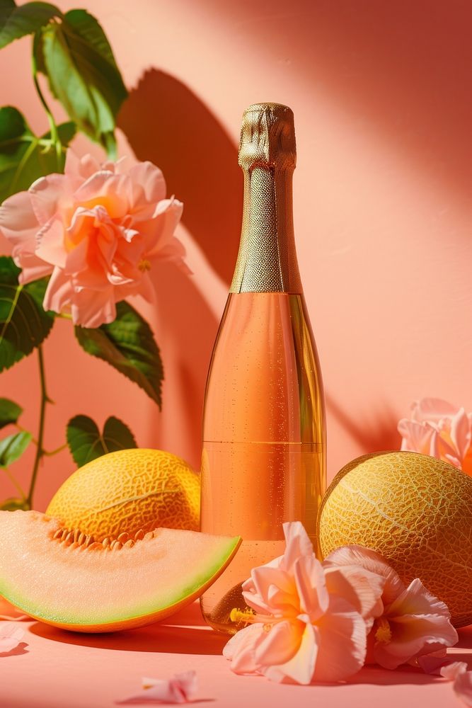 Champagne bottle with melon and flower grapefruit drink peach.