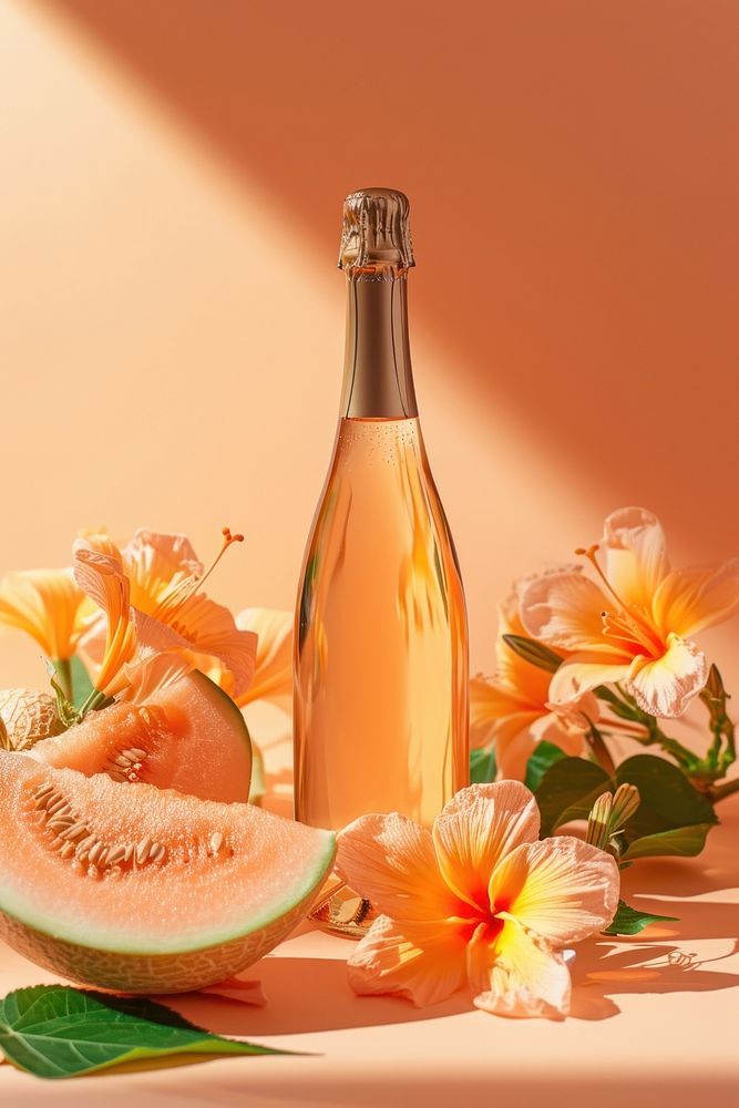 Champagne bottle with melon and flower drink fruit peach.