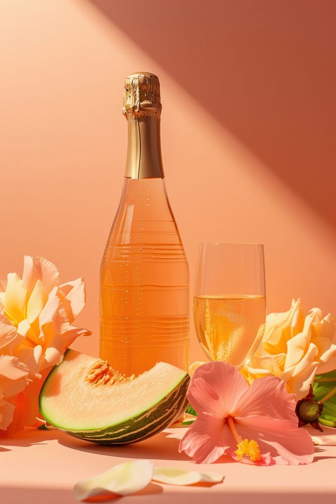 Champagne bottle with melon and flower glass drink fruit.