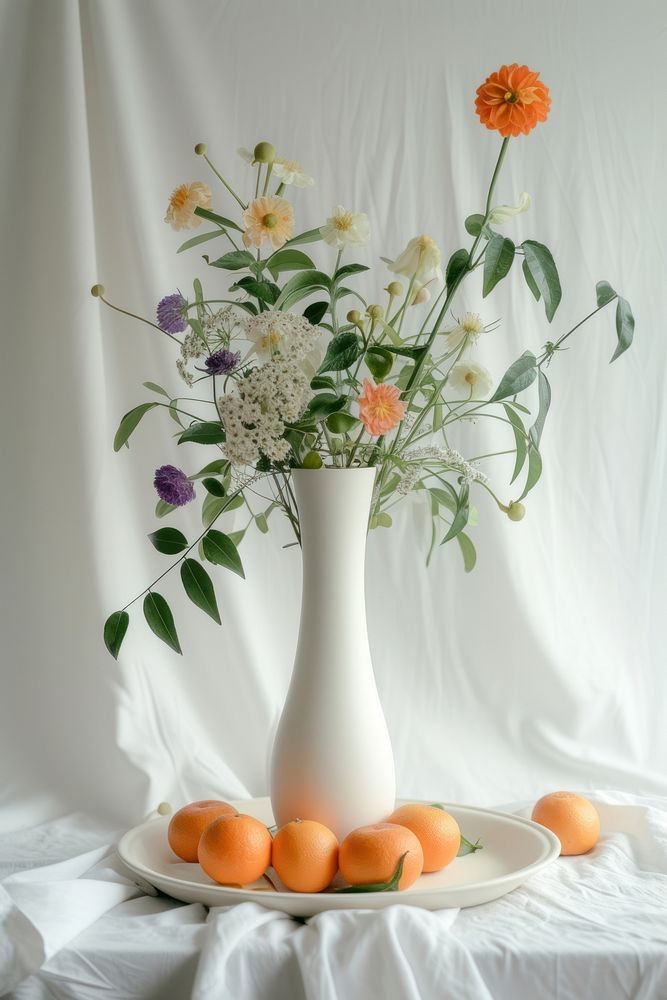 White tall vase with wildflower and oranges plant food centrepiece.