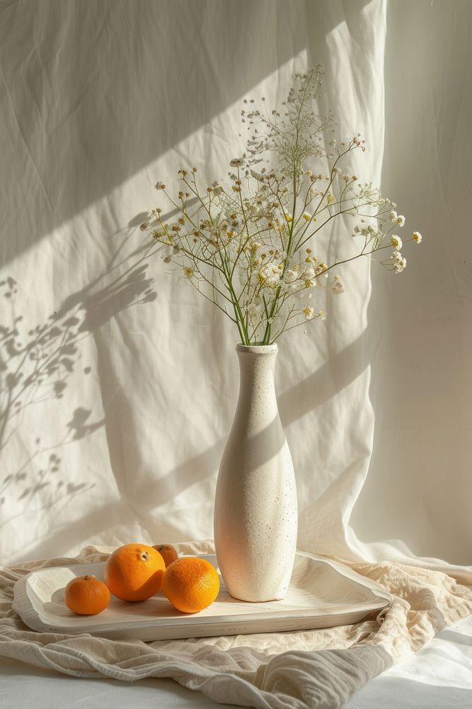 White tall vase with wildflower and oranges plant tablecloth simplicity.