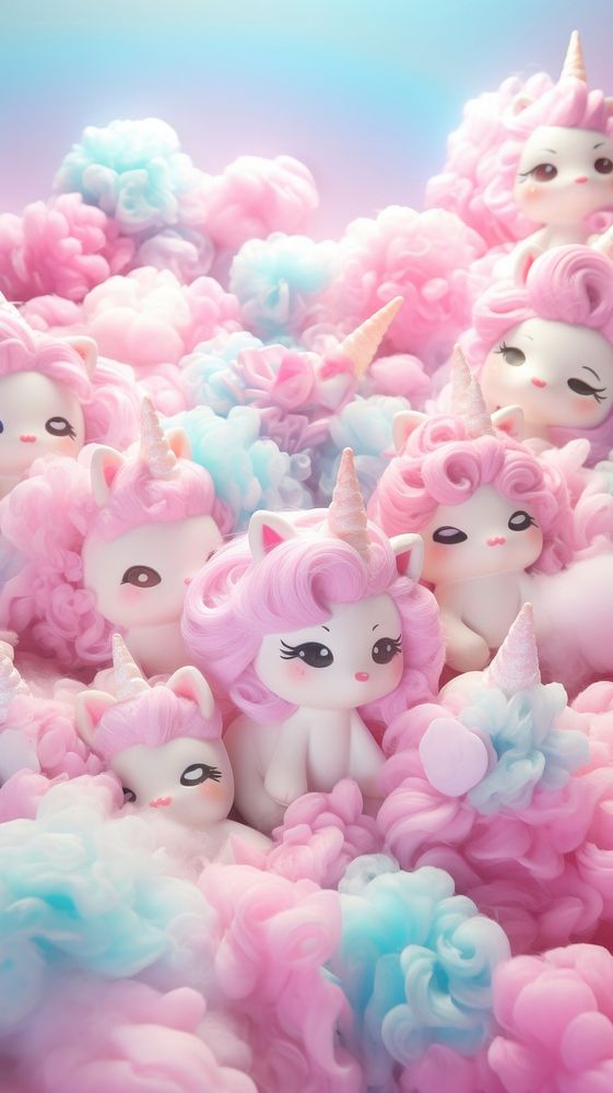Fluffy pastel unicorn cartoon doll toy.