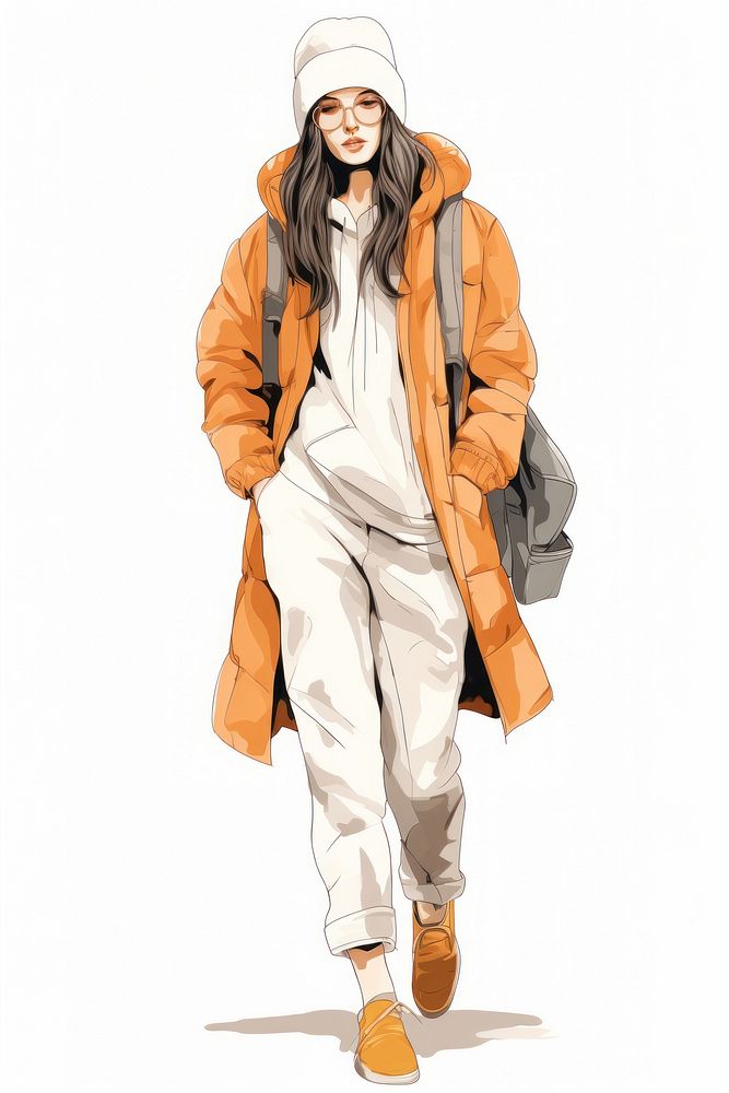 Woman wearing trendy winter casual drawing walking fashion.