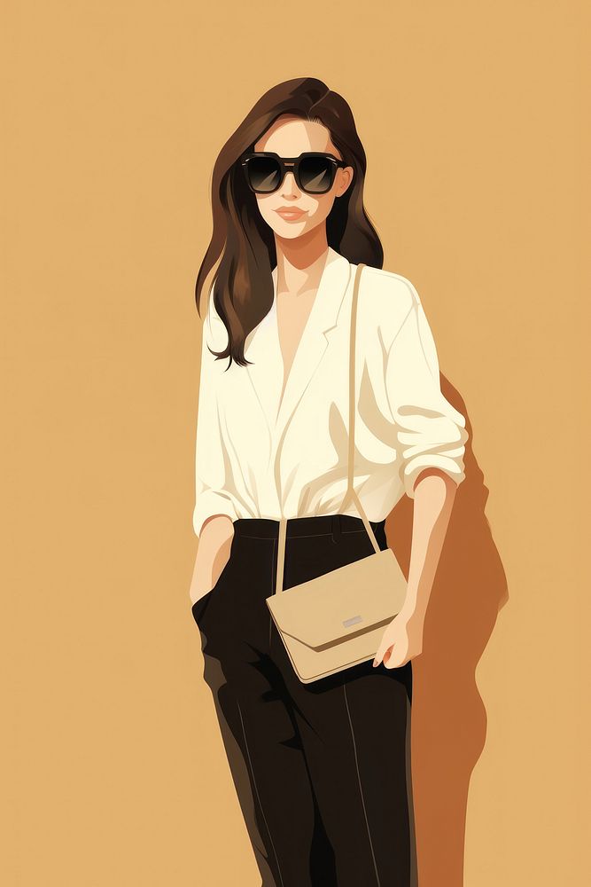 Street style cool fashion woman wearing sunglasses purse handbag blouse.