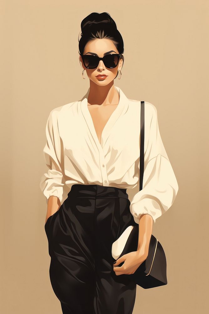 Street style cool fashion woman wearing sunglasses handbag sleeve blouse.
