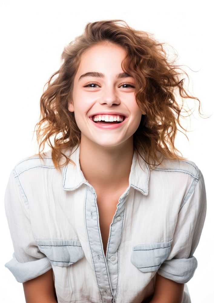 Teenage girl portrait laughing blouse.