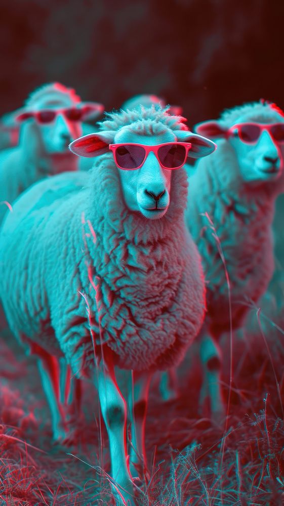 Anaglyph sheeps walking livestock wildlife glasses.