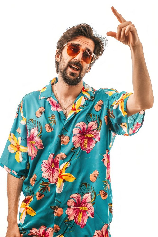 Funny guy with bristle wear tropical shirt sleeve adult white background.