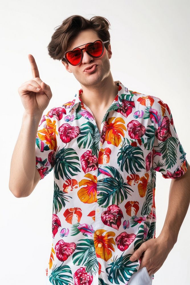 Funny guy with bristle wear tropical shirt sleeve adult hand.