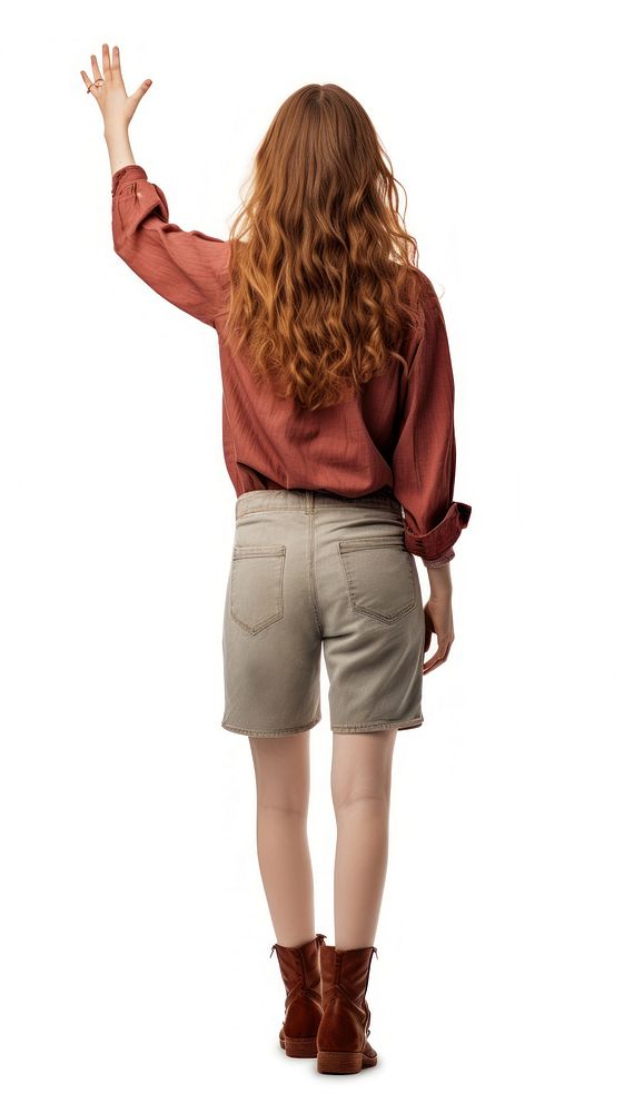 Young girl walking forward waving hand looking shorts sleeve.