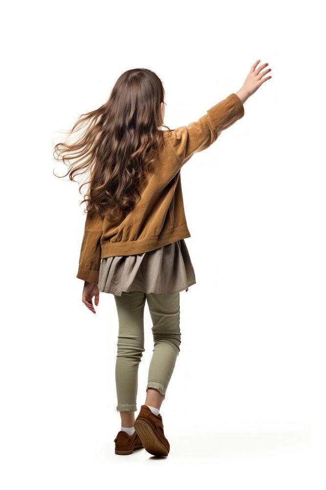 Young girl walking forward waving hand footwear looking shoe.