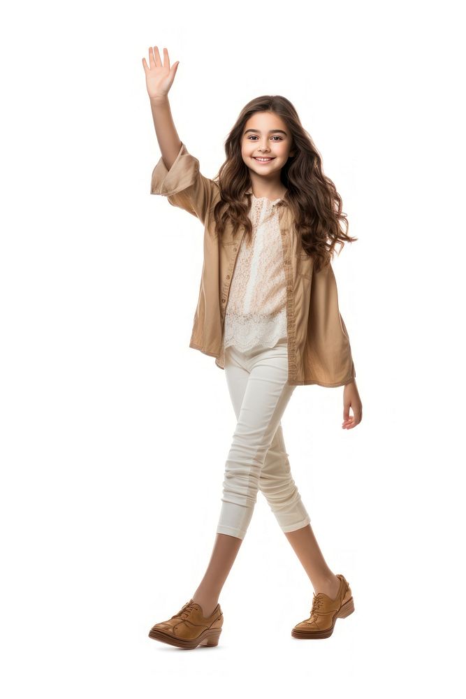 Young girl walking forward waving hand footwear fashion sleeve.