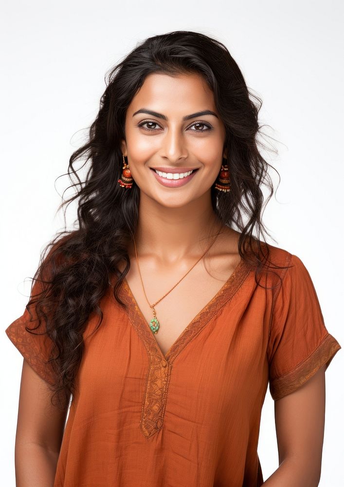 Indian woman portrait smile necklace.