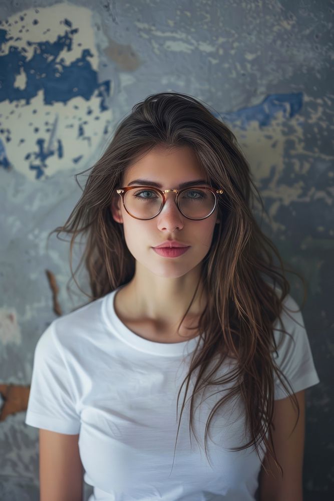 Stylish woman in white t-shirt portrait glasses photo.