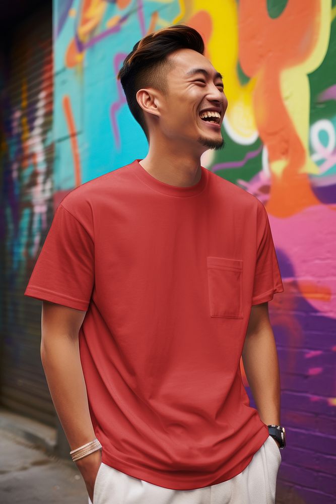 Happy Asian man in red t-shirt
