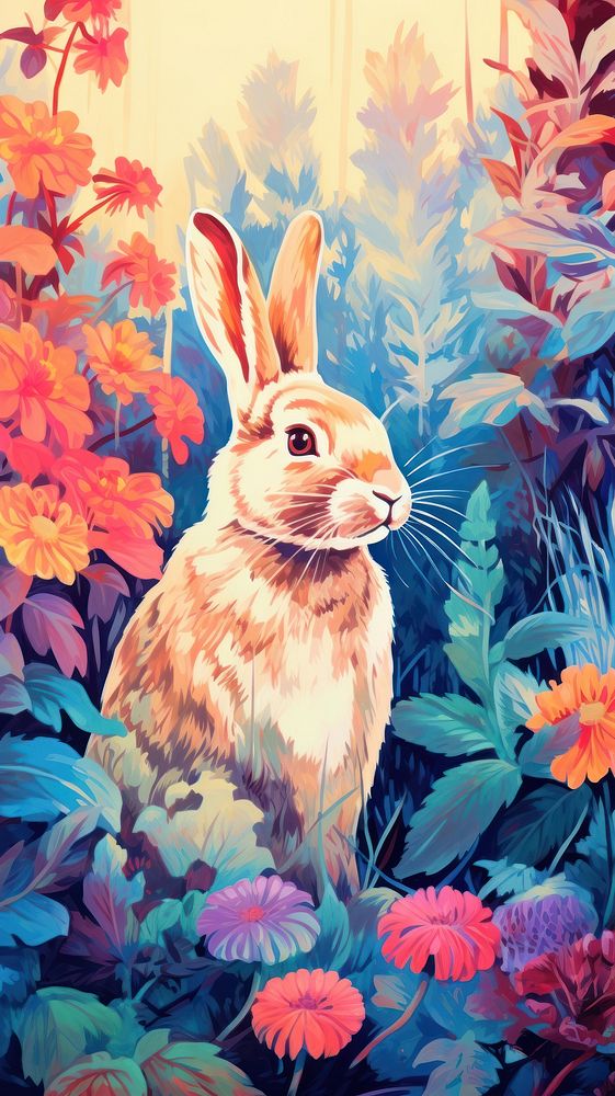 Rabbit in garden painting animal mammal.