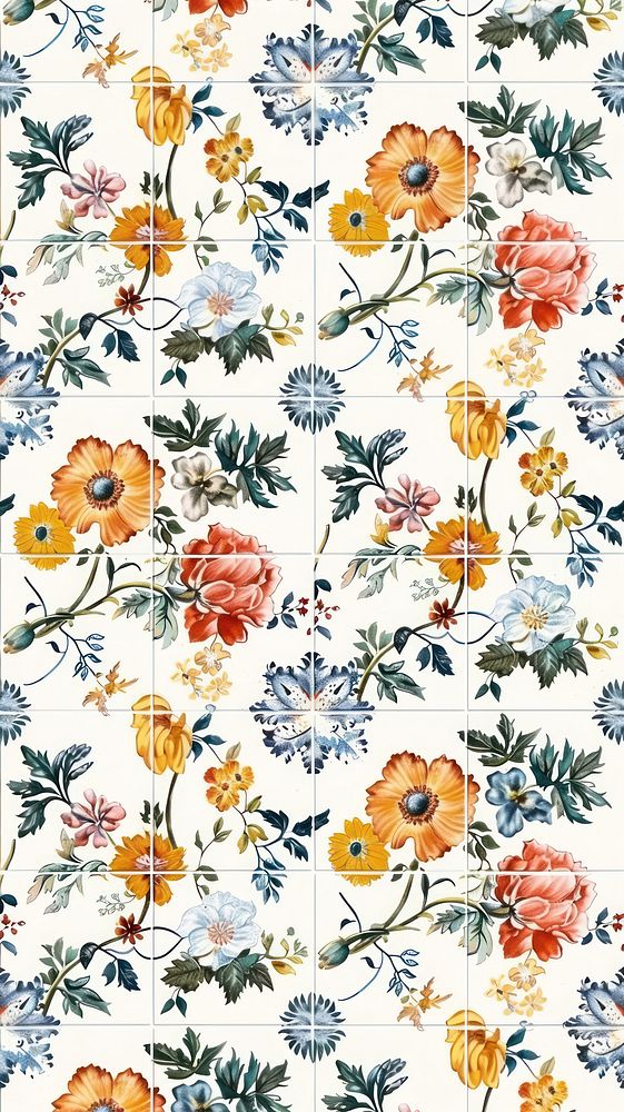 Tiles of flowers pattern backgrounds white plant.