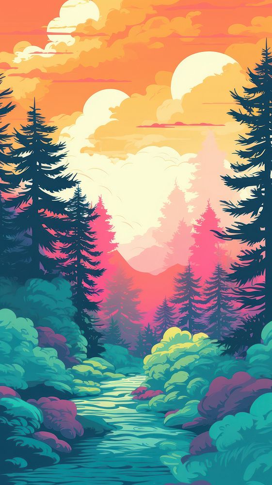 Forest with Risograph style landscape outdoors painting.