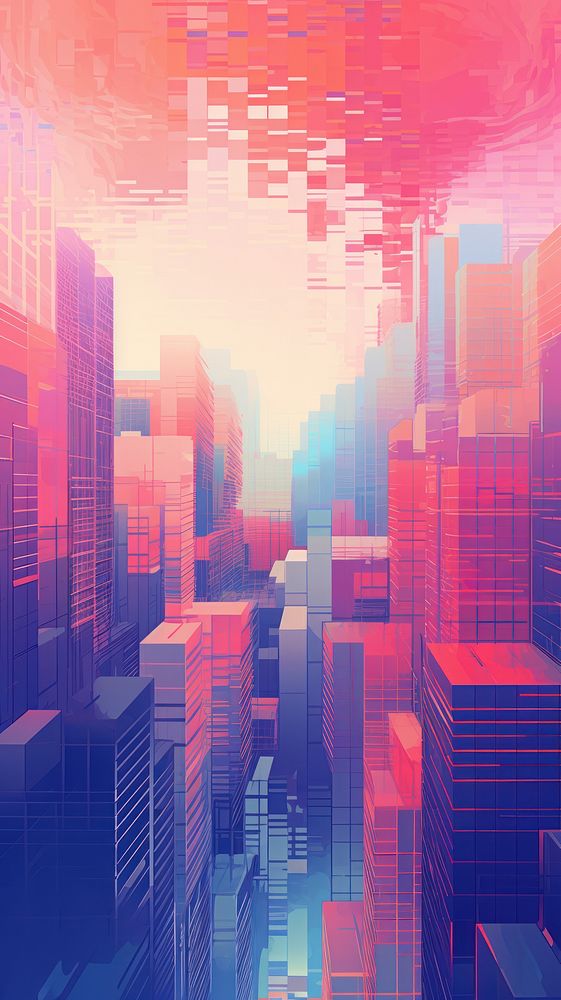Light city with Risograph architecture building art.