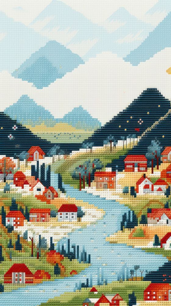 Cross stitch village embroidery landscape tapestry.