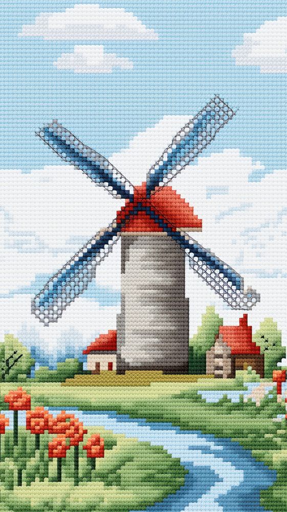 Cross stitch Windmill windmill landscape outdoors.