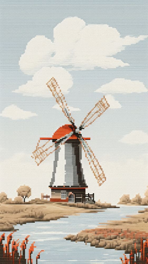 Cross stitch Windmill windmill landscape outdoors.