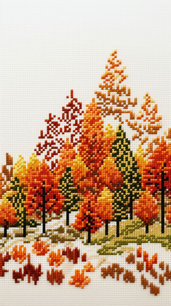 Cross stitch Autumn border embroidery landscape graphics.