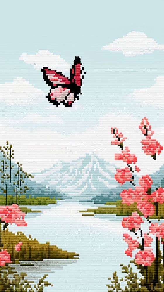 Cross stitch Butterfly flying nature flower landscape.