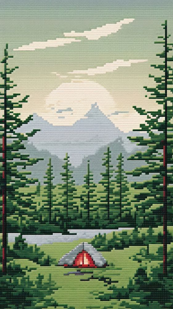 Cross stitch Camping nature landscape outdoors.