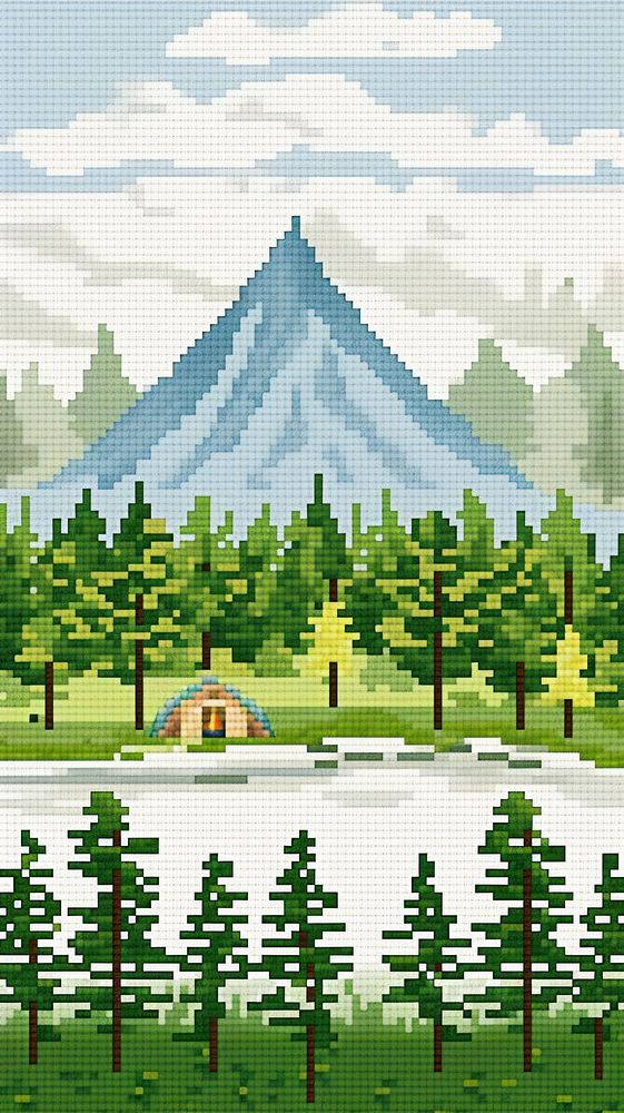 Cross stitch Camping landscape nature forest.