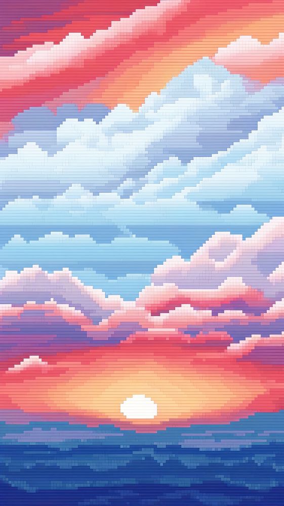 Cross stitch colorful sky nature landscape painting.