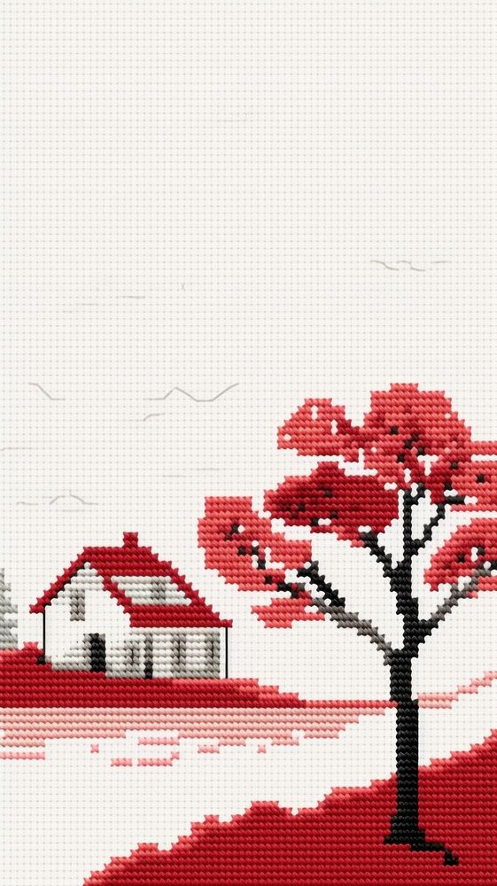 Cross stitch Farmhouse embroidery landscape pattern.