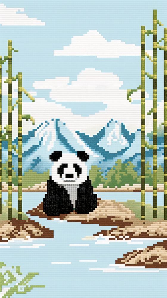 Cross stitch panda outdoors nature mammal.