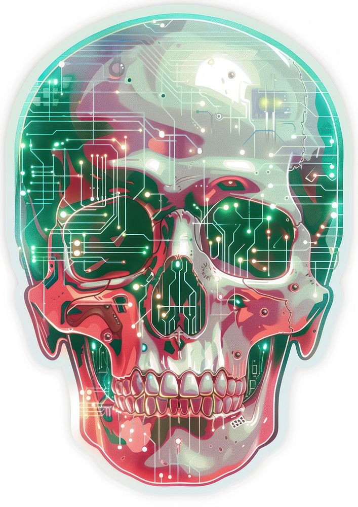 Technology sticker skull cyberspace computer science.
