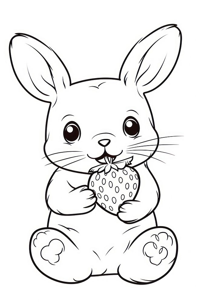 Rabbit holding strawberry sketch outline drawing.