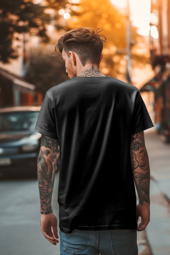Tattooed man in black t-shirt rear view