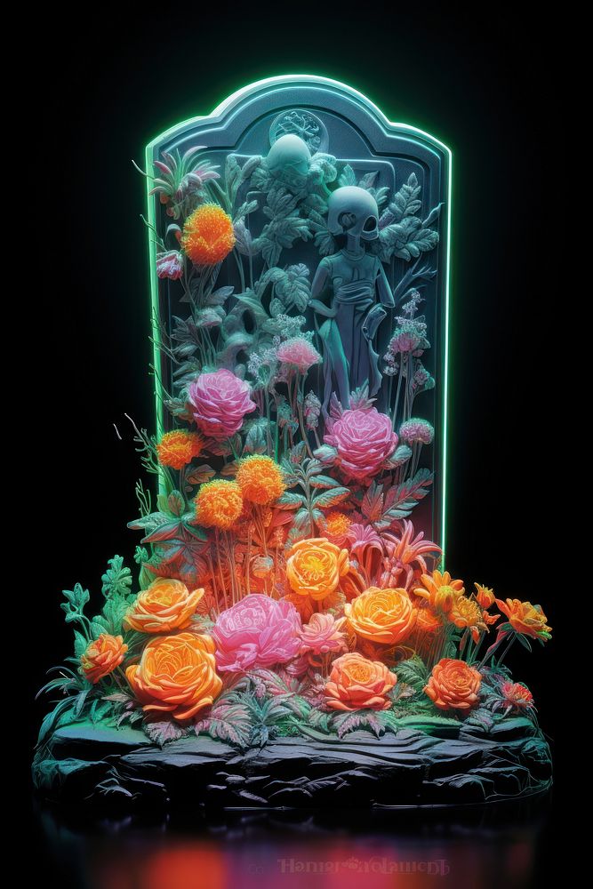 Tombstone with flowers plant food art.