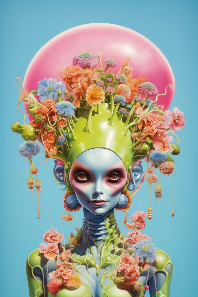 Alien with flower crown art plant representation.