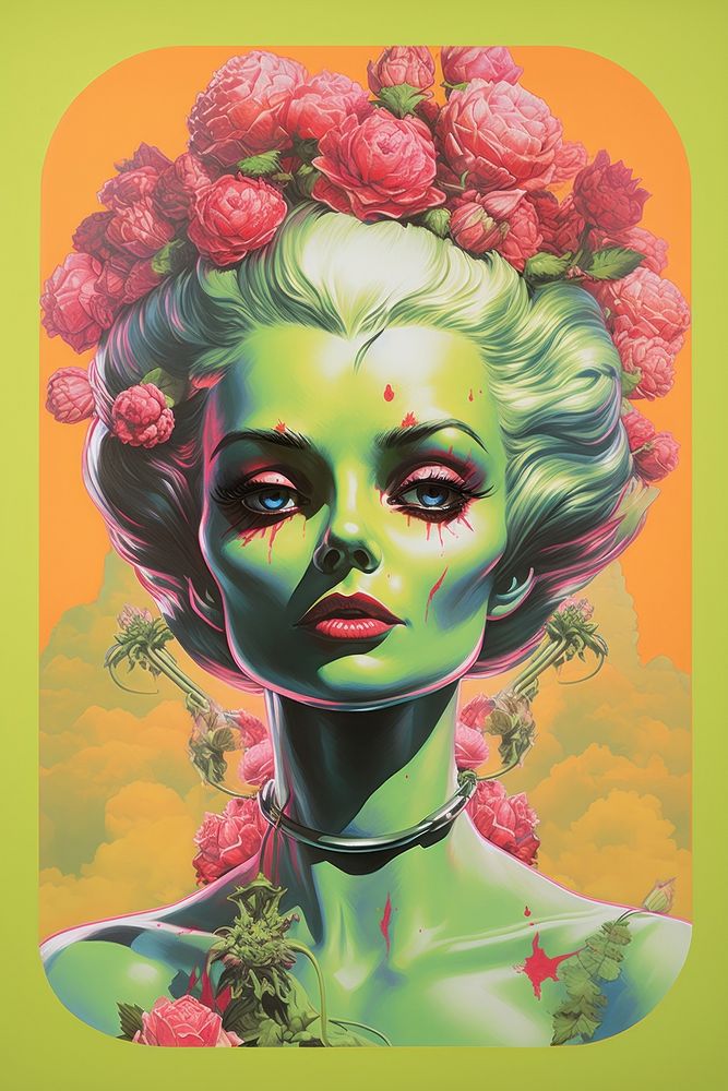 Alien with flower crown art portrait painting.