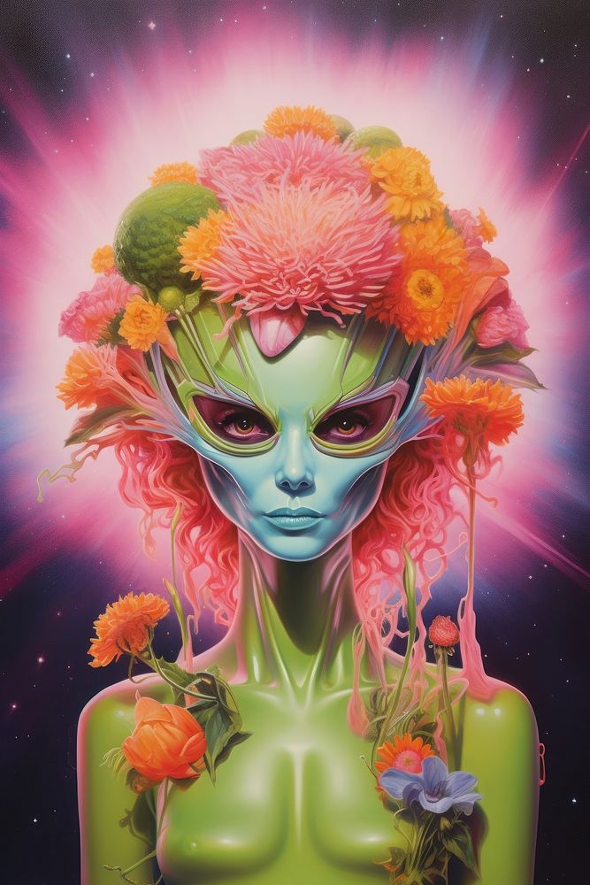 Alien with flower crown art painting plant.