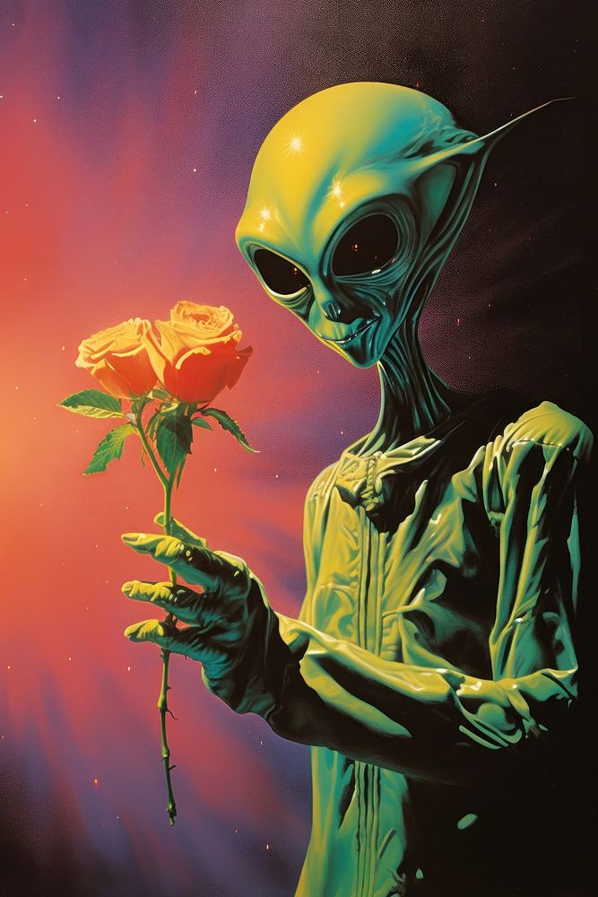Alien holding flower plant art darkness.
