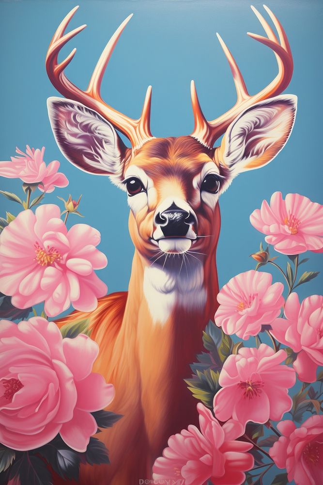 Deer portrait with flower antlers art wildlife animal.