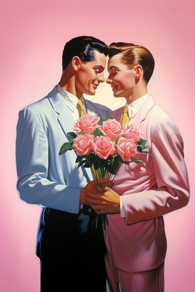 Gay couple holding flower bouquet portrait wedding adult.