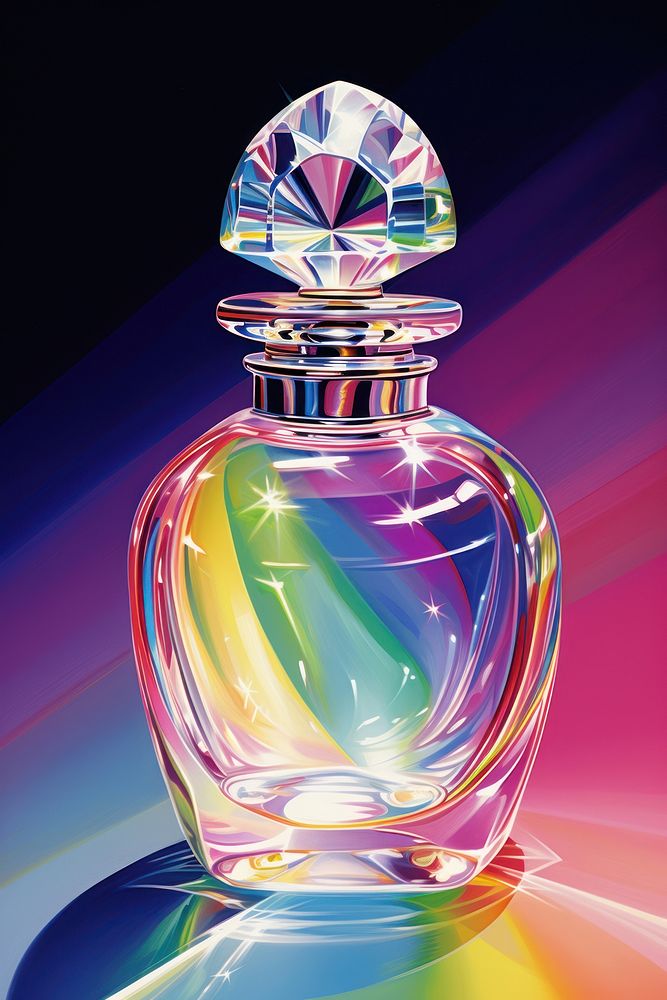 Perfume bottle with rainbow background jewelry accessories creativity.