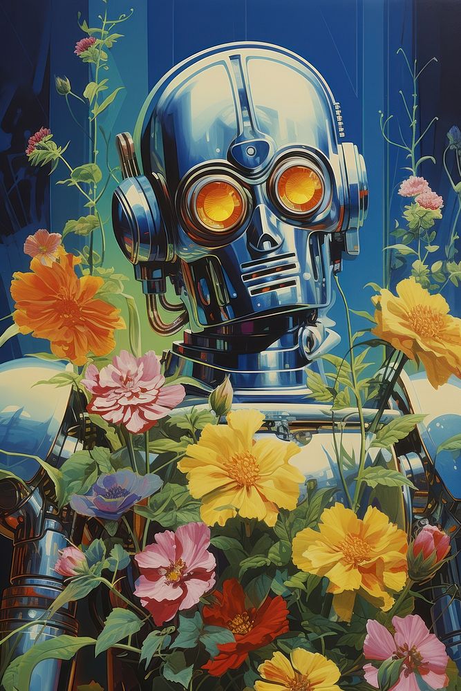Robot and flowers art painting plant.