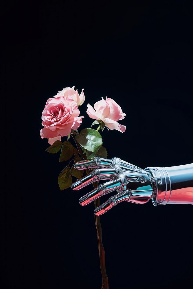 Robot hand holding flower plant petal rose.