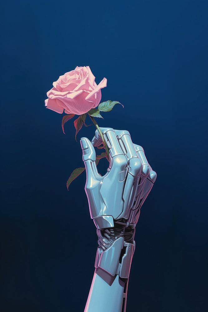 Robot hand holding flower petal plant rose.