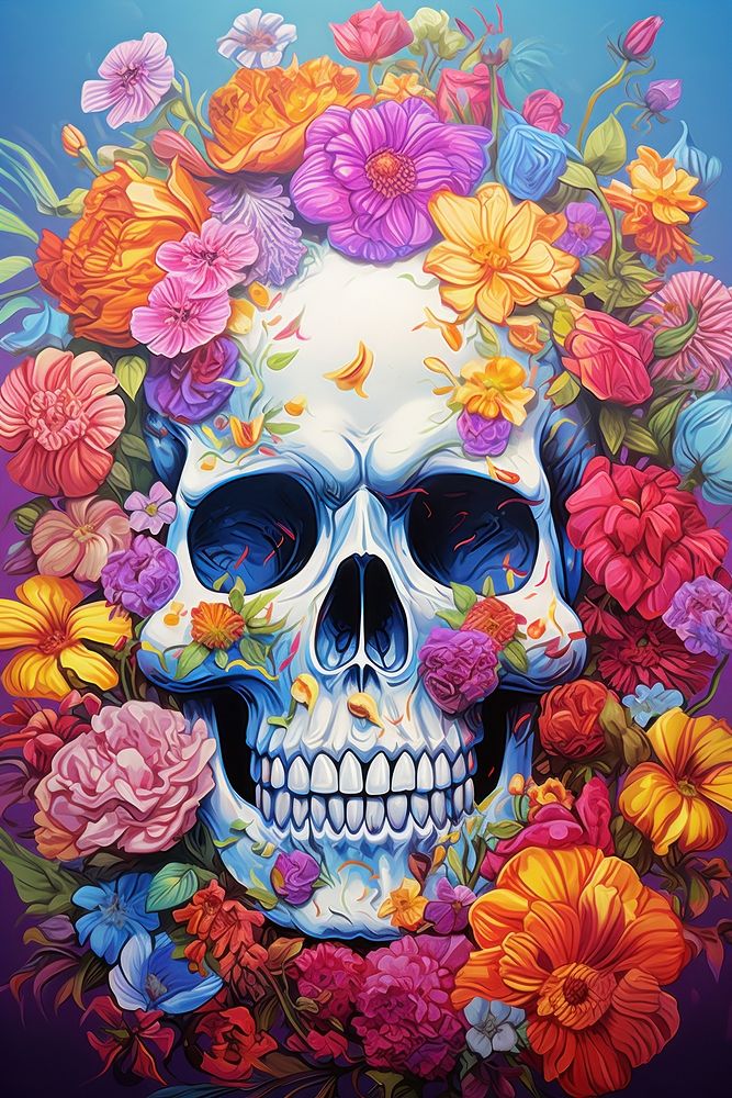 Skull with flowers art painting pattern.