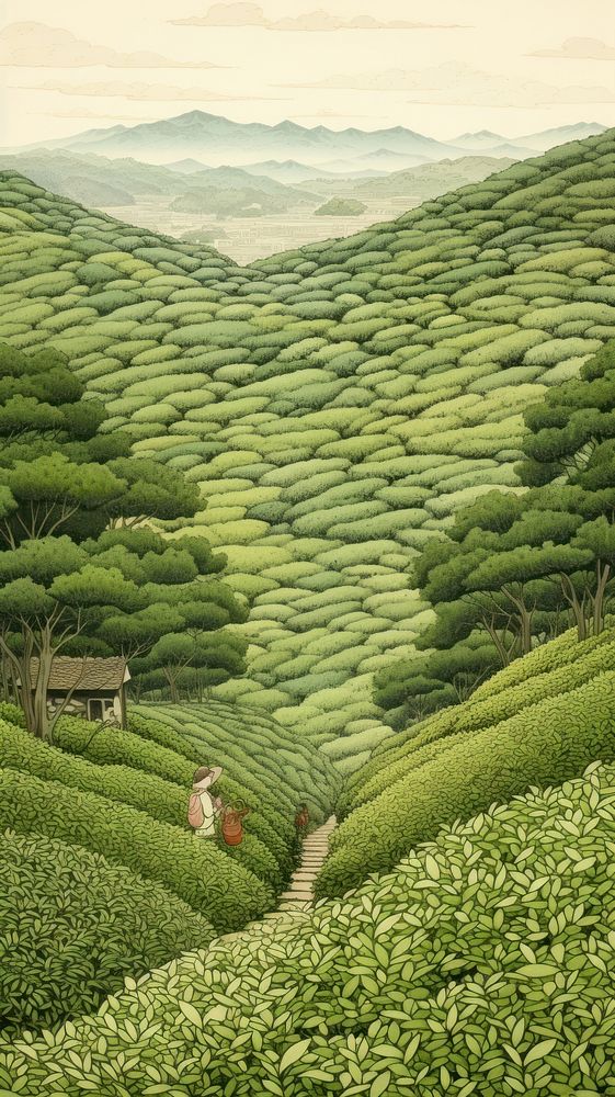 Traditional japanese tea leaves field outdoors nature farm.